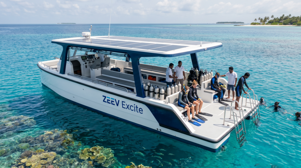 ZEEV Excite dive and excursion vessel operating in clear Maldives waters