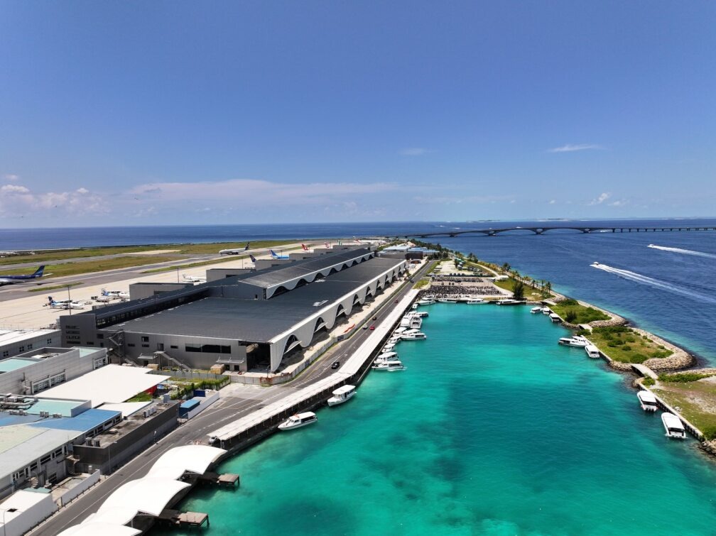 Aerial view of Maldives airport marine connections and surrounding island routes