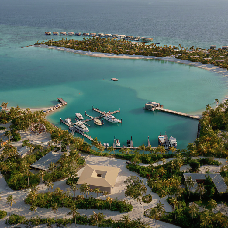 Aerial view of Fari Islands lagoon and marina in the Maldives