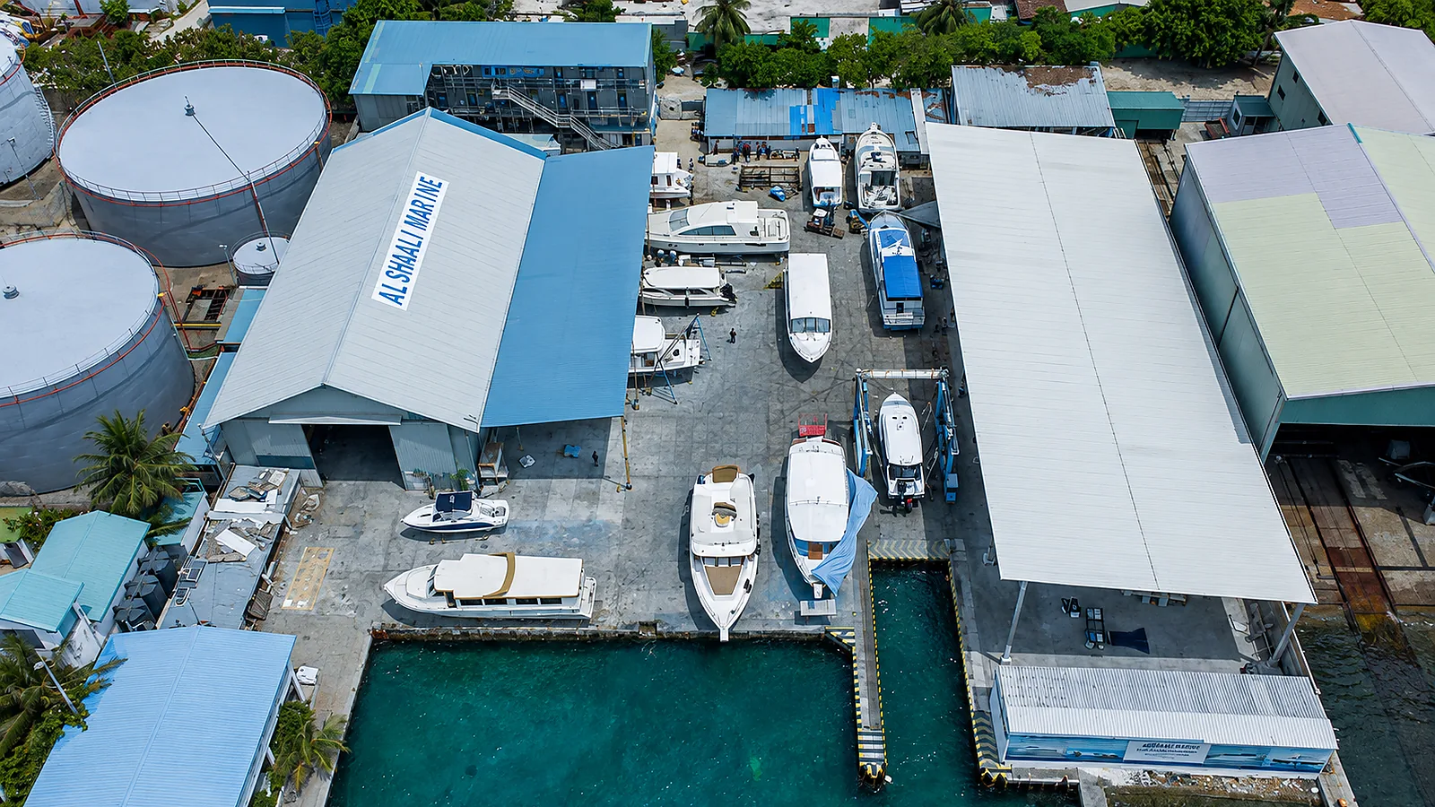 Aerial view of Al Shaali Marine Maldives boatyard and vessel facilities
